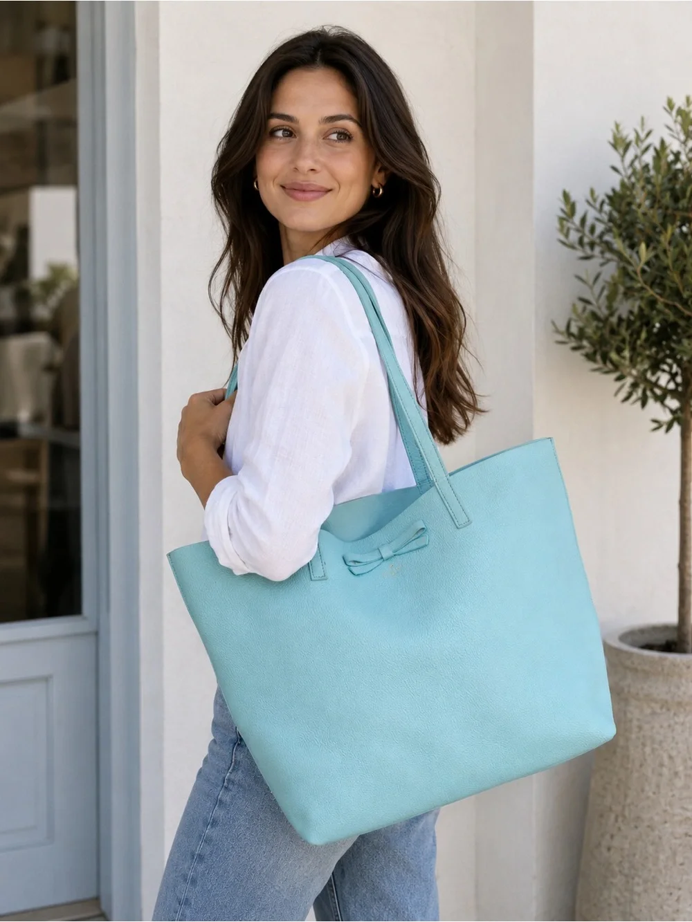 Kate Spade New York Seafoam Blue Leather Bow Tote Bag Large Shoulder Purse